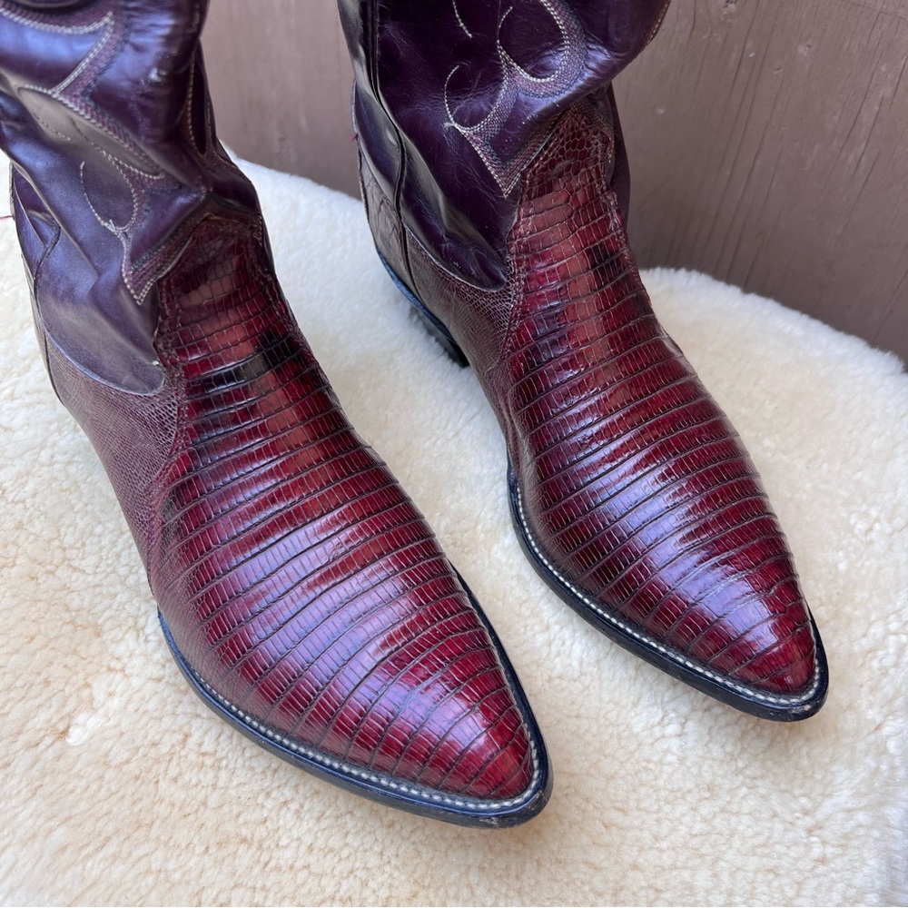 Vintage Nocona Boots Men’s Sz 9 E Teju Lizard Cowboy Western Rodeo Burgundy USA - Picture 3 of 15